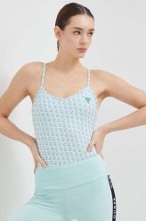 Guess top damski kolor zielony. Zielone topy Guess, l, z aplikacjami, z dzianiny, bez kołnierzyka, bez ramiączek. Za 319.99 zł.