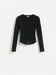 Prążkowany kardigan - czarny. Czarne swetry Reserved, l, bez wzorów, z dzianiny, bez ramiączek. Za 129.99 zł.