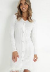 Biała Sukienka z Prążkowanej Dzianiny z Piórami Marpesia. Białe sukienki Born2be, na co dzień, bez wzorów, z dzianiny, eleganckie, bez kołnierzyka, bez ramiączek, midi, ołówkowe. W wyprzedaży za 169.99 zł.