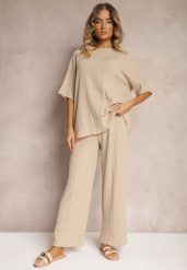 Beżowy Oversizowy Komplet z Wiskozą Luźna Bluzka i Proste Spodnie Varlivia. Brązowe bluzki Renee, bez wzorów, z wiskozy, eleganckie, bez kołnierzyka, bez ramiączek. W wyprzedaży za 91.99 zł.