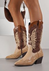 Brązowe Botki Typu Kowbojki na Stożkowym Obcasie z Tłoczonym Wzorem Badorella. Brązowe botki Born2be, bez wzorów, z jeansu, klasyczne, bez obcasa, na obcasie, bez zapięcia. Za 119.99 zł.