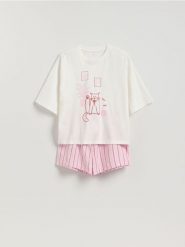 Dwuczęściowa piżama z kotem - różowy. Czerwone piżamy Reserved, l, bez wzorów, z bawełny, bez kołnierzyka, bez ramiączek. Za 99.99 zł.