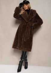 Brązowy Futrzany Płaszcz z Wiązanym Paskiem Ozdobnym Kołnierzem i Mankietami Viaressa. Brązowe płaszcze Renee, l, bez wzorów, z futra, eleganckie, bez kaptura. Za 269.99 zł.
