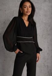 Czarna Bluzka VICES w Kopertowym Stylu z Luźnymi Transparentnymi Rękawami i Dekoltem V Inge. Czarne bluzki Renee, l, bez wzorów, z jeansu, eleganckie, bez kołnierzyka, bez ramiączek. Za 159.99 zł.