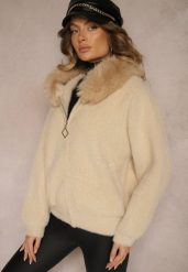 Beżowa Bluza Rozpinana z Wełną i Wiskozą Ozdobiona Futerkiem Vesalttia. Brązowe bluzy Renee, na zimę, l, z aplikacjami, z jeansu, bez kaptura. W wyprzedaży za 147.99 zł.