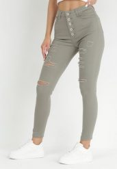 Ciemnobeżowe Jeansy Skinny na Guziki Arru. Zielone jeansy Born2be, xs, bez wzorów, z jeansu, z podwyższonym stanem. Za 119.99 zł.