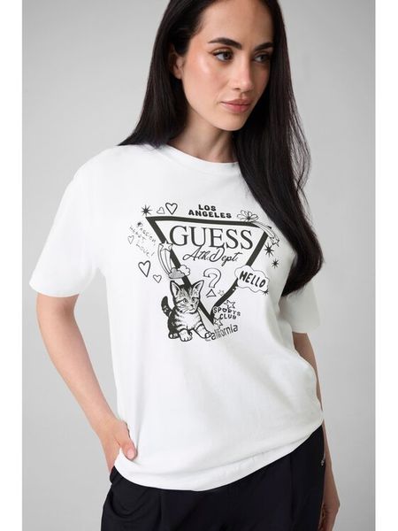 Guess T-Shirt V6YI13 K4301 Biały Regular Fit. Białe t-shirty Guess, xs, z aplikacjami, z bawełny, bez kołnierzyka, bez ramiączek. Za 144.99 zł.