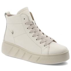 Botki damskie Rieker, revolution sof na grubej podeszwie za kostkę z okrągłym noskiem skórzane, białe, W2661-80. Białe botki Rieker, bez wzorów, z materiału, eleganckie, z okrągłym noskiem, za kostkę, bez obcasa, bez zapięcia. Za 339.00 zł.