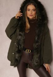 Ciemnozielona Kurtka Parka Oversize z Futerkiem Horelle. Zielone kurtki Renee, na zimę, l, z aplikacjami, z tkaniny, klasyczne, bez kaptura. W wyprzedaży za 287.99 zł.