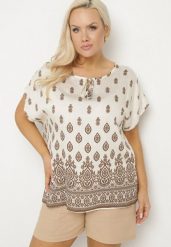 Biało-Brązowa Bluzka w Boho Wzór z Wiązaniem przy Dekolcie Jenalia. Brązowe bluzki Born2be, xl, bez wzorów, z jeansu, boho, bez kołnierzyka, bez ramiączek. Za 69.99 zł.