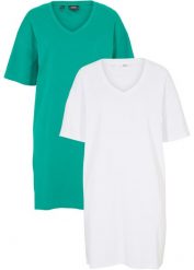 Sukienka shirtowa z dekoltem w serek, oversized (2 szt.). Niebieskie sukienki bonprix, bez wzorów, bez kołnierzyka, bez ramiączek. Za 99.99 zł.