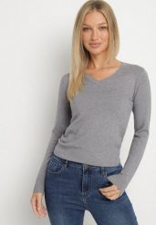 Szary Sweter z Wiskozą i Dekoltem w Serek Olisela. Szare swetry Born2be, s, bez wzorów, z wiskozy, eleganckie, bez ramiączek. Za 49.99 zł.