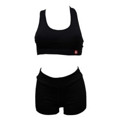 SBP-01 (komplet sportowy - biustonosz + krótkie spodenki). Czarne szorty sportowe BARNETT, bez wzorów, z elastanu, z podwyższonym stanem, na fitness i siłownię. Za 45.00 zł.
