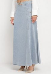 Jasnoniebieska Bawełniana Spódnica Jeansowa Maxi Rozkloszowana z Łańcuszkiem Zallire. Niebieskie spódnice Born2be, m, bez wzorów, z bawełny, boho, maxi, rozkloszowane. Za 239.99 zł.