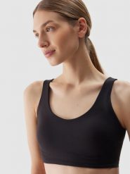 4F Biustonosz treningowy ze średnim wsparciem damski - czarny XS. Czarne biustonosze sportowe 4f, bez wzorów, z dzianiny, do biegania. W wyprzedaży za 69.99 zł.