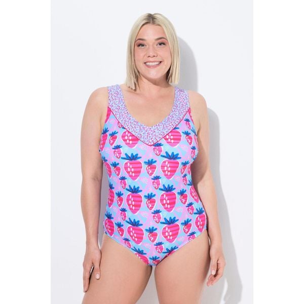 Damski Strój kąpielowy truskawki miękkie miseczki podszewka na całości. Niebieskie stroje jednoczęściowe Ulla Popken, bez wzorów, z elastanu, sportowe. Za 244.99 zł.