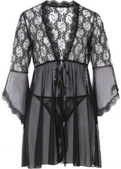 Szlafrok kimono + stringi (kompl. 2-częściowy). Czarne szlafroki damskie bonprix, bez wzorów, bez ramiączek. Za 127.99 zł.