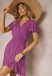 Fioletowa Sukienka z Bawełny z Gumką w Pasie z Dekoltem w Serek i Falbankami Quola. Fioletowe sukienki Renee, na imprezę, l, bez wzorów, z bawełny, eleganckie, bez kołnierzyka, bez ramiączek, mini. W wyprzedaży za 39.99 zł.