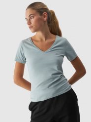 4F T-shirt slim gładki damski - turkusowy M. Niebieskie t-shirty 4f, m, bez wzorów, z bawełny, klasyczne, bez kołnierzyka, bez ramiączek. W wyprzedaży za 29.99 zł.