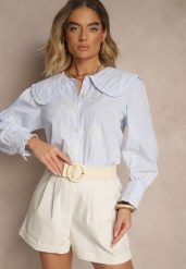 Jasnoniebieska Koszula z Bawełną Ozdobiona Kołnierzykiem Natulissa. Niebieskie koszule Renee, l, bez wzorów, z bawełny, eleganckie, bez kołnierzyka, bez ramiączek. W wyprzedaży za 91.99 zł.