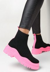 Czarno-Fuksjowe Sneakersy Razia. Czarne botki Born2be, bez wzorów, z okrągłym noskiem, za kostkę, bez obcasa, na płaskiej podeszwie, bez zapięcia. W wyprzedaży za 74.99 zł.