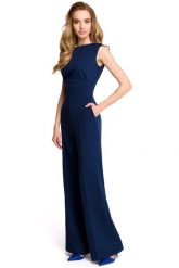 Elegancki Kombinezon z Szerokimi Nogawkami - Granatowy. Niebieskie kombinezony MOE, l, bez wzorów, z elastanu, eleganckie, bez kołnierzyka, bez ramiączek. Za 263.90 zł.