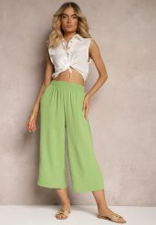 Jasnozielone Spodnie Palazzo z Gumką w Talii i Długością Nogawki 3/4 Moolia. Zielone jeansy Renee, plus size, bez wzorów, z jeansu. W wyprzedaży za 29.99 zł.