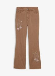 Jeansy bootcut z haftem, z elastycznej mieszanki bawełny. Brązowe jeansy bonprix, bez wzorów, z bawełny. Za 209.99 zł.
