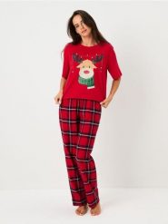Świąteczna piżama dwuczęściowa z nadrukiem renifera - czerwony. Czerwone piżamy Sinsay, l, bez wzorów, bez kołnierzyka, bez ramiączek. Za 59.99 zł.