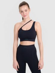 4F Biustonosz treningowy z asymetrycznym ramiączkiem - czarny XS/S. Czarne biustonosze sportowe 4f, bez wzorów, z dzianiny, na fitness i siłownię. W wyprzedaży za 89.99 zł.