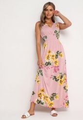 Różowa Rozkloszowana Sukienka w Kwiaty z Wiązaniami na Ramionach Saloa. Czerwone sukienki Born2be, na co dzień, m, z aplikacjami, z jeansu, eleganckie, bez kołnierzyka, bez ramiączek, maxi, proste. W wyprzedaży za 33.99 zł.