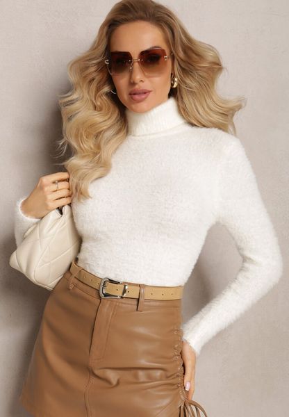 Biały Golf z Dzianiny z Długim Włosem i Dodatkiem Wełny Gerdonna. Białe swetry Renee, na jesień, bez wzorów, z dzianiny, bez ramiączek. Za 64.99 zł.