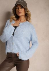 Niebieski Klasyczny Kardigan o Prostym Kroju Riavara. Niebieskie swetry Renee, bez wzorów, z jeansu, eleganckie, bez ramiączek. W wyprzedaży za 143.99 zł.