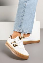 Białe Panterkowe Sneakersy Kultowe Tenisówki z Ozdobnymi Paskami Tenavellea. Białe trampki Renee, bez wzorów, z jeansu, eleganckie, bez zapięcia. W wyprzedaży za 67.99 zł.