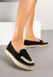 Czarne Espadryle z Haftem na Podeszwie z Plecionki Taslexia. Czarne espadryle Renee, bez wzorów, z koronki, boho, bez obcasa, na płaskiej podeszwie. W wyprzedaży za 75.99 zł.