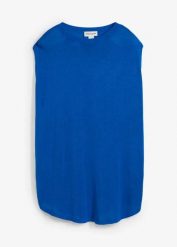 Zwężany ku dołowi top dzianinowy z delikatnej wiskozy. Niebieskie topy bonprix, bez wzorów, z dzianiny, bez kołnierzyka, bez ramiączek. Za 32.99 zł.