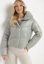 Jasnozielona Pikowana Kurtka Puchowa z Ozdobnym Kołnierzem i Wsuwanymi Kieszeniami Lablina. Zielone kurtki Born2be, l, bez wzorów, z jeansu, eleganckie, bez kaptura. Za 209.99 zł.