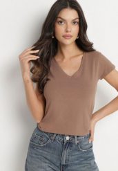 Brązowy T-shirt z Bawełny z Dekoltem w Serek Liniviela. Brązowe t-shirty Born2be, l, bez wzorów, z bawełny, bez kołnierzyka, bez ramiączek. W wyprzedaży za 38.24 zł.