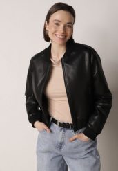 Czarna Przejściowa Kurtka Bomberka z Imitacji Skóry Izanelia. Czarne kurtki Born2be, l, bez wzorów, z jeansu, bez kaptura. Za 119.99 zł.