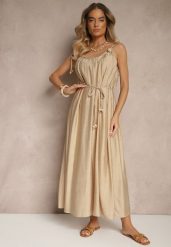 Beżowa Wiskozowa Sukienka Boho na Wiązanych Ramiączkach z Paskiem z Plecionki Miratera. Brązowe sukienki Renee, na co dzień, m, bez wzorów, z materiału, boho, bez kołnierzyka, bez ramiączek, maxi. W wyprzedaży za 119.99 zł.