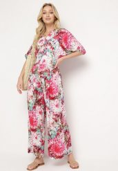 Różowo-Biały Kombinezon z Wiskozy w Stylu Boho z Gumkami w Talii i Wiązaniem z Tyłu Sunira. Czerwone kombinezony Born2be, l, bez wzorów, z materiału, boho, bez kołnierzyka, bez ramiączek. Za 89.99 zł.