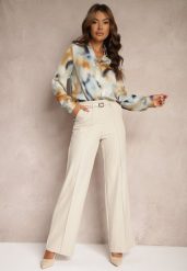 Jasnobeżowe Spodnie z Wiskozą o Szerokim Kroju High Waist z Paskiem Mavalise. Brązowe jeansy Renee, bez wzorów, z jeansu, eleganckie, z podwyższonym stanem. W wyprzedaży za 75.99 zł.