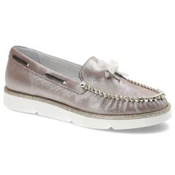 Mokasyny damskie Simen, wsuwane ze miękkiej naturalnej skóry licowej, pudrowe metaliczne, 750-Mell-Pudr-Metalik-Liv-13018. Czerwone mokasyny Simen, bez wzorów, z nubiku. Za 209.00 zł.