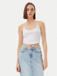 Guess Top V5GP16 K8RT2 Biały Regular Fit. Białe topy Guess, m, z aplikacjami, z wiskozy, bez kołnierzyka, bez ramiączek. Za 99.99 zł.