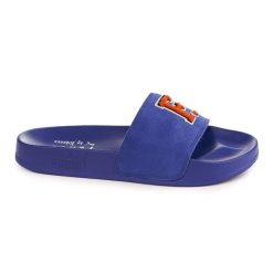Klapki Fenty x Puma z niebieskiej skóry, styl casual beach, flatform. Niebieskie klapki Puma, bez wzorów, z materiału, casualowe, bez obcasa, bez zapięcia. Za 288.99 zł.