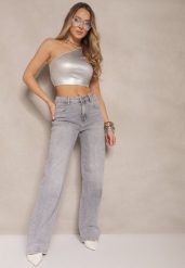 Jasnoszare Szerokie Jeansy z Bawełny High Waist Ozdobione Cyrkoniami Firlevia. Szare jeansy Renee, bez wzorów, z bawełny, z podwyższonym stanem. W wyprzedaży za 111.99 zł.