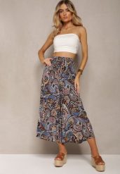 Czarno-Granatowe Spodnie Culottes z Bawełnianej Tkaniny Ozdobione Wzorem Paisley Gwinamas. Czarne jeansy Renee, bez wzorów, z bawełny, biznesowe. W wyprzedaży za 39.99 zł.