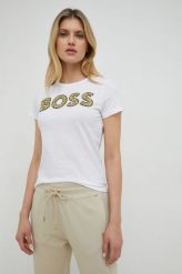 BOSS t-shirt bawełniany kolor biały. Białe t-shirty Boss, z aplikacjami, z bawełny, bez kołnierzyka, bez ramiączek. Za 339.99 zł.