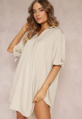Jasnobeżowa Pudełkowa Sukienka Oversize z Kołnierzykiem Zaya. Brązowe sukienki Renee, bez wzorów, bez kołnierzyka, bez ramiączek, mini, oversize. W wyprzedaży za 67.99 zł.