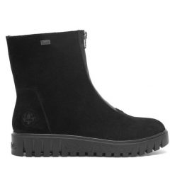 Botki Rieker. Czarne botki Rieker, bez wzorów, bez obcasa, na płaskiej podeszwie, bez zapięcia. Za 239.99 zł.